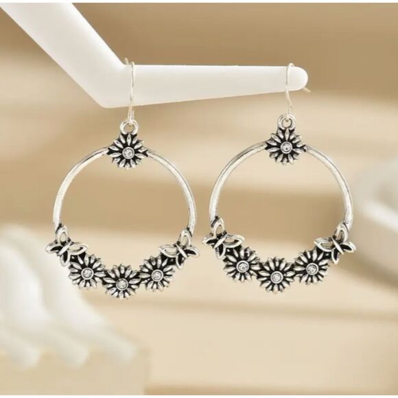 Silver Flower Hoop Earrings Floral Dangle - Picture 6 of 9